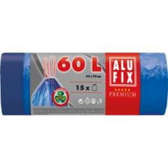 Vrecia na odpadky zaahovacie, 60 l / 15 ks, 27my, 64 x 70 cm, modr, LDPE